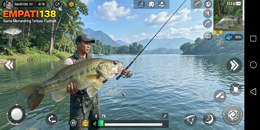 Tampilan gameplay seru dengan ikan yang beragam dan lokasi memancing yang indah.