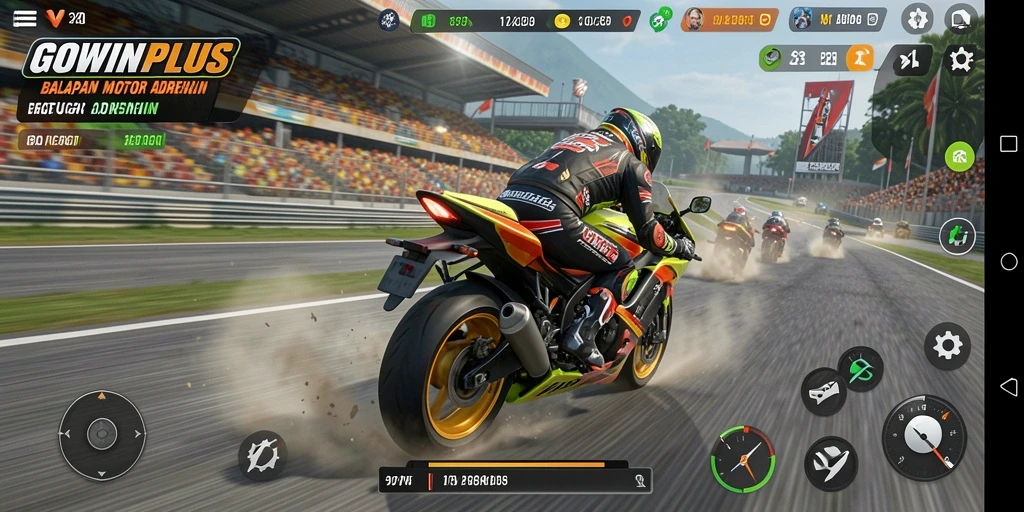 Tampilan gameplay seru di GOWINPLUS dengan balapan motor yang menegangkan.