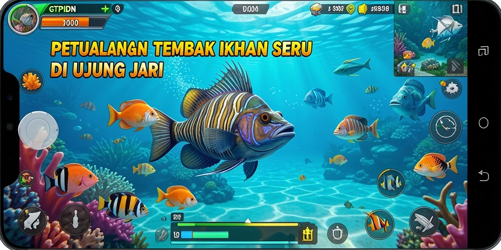 Screenshot GTPIDN menampilkan aksi seru menembak ikan di lautan.