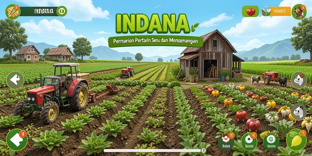 Tampilan gameplay INDAAA dengan suasana pertanian yang indah.