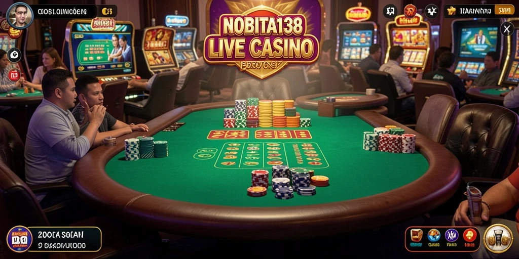 Screenshot gameplay NOBITA138 menampilkan dealer live dan interaksi pemain.
