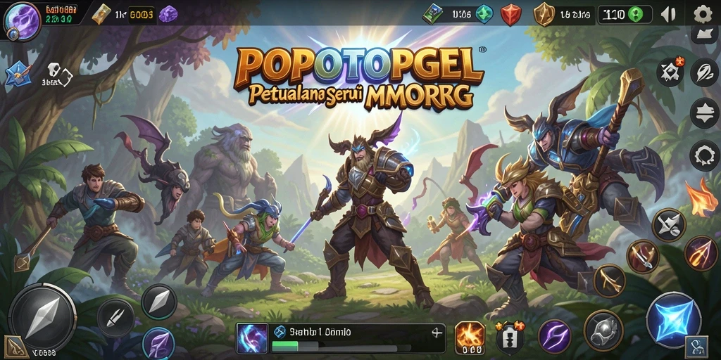 Tampilan gameplay menakjubkan dalam <strong>POPOTOPGEL</strong>, menunjukkan pertempuran epik dan dunia yang luas.
